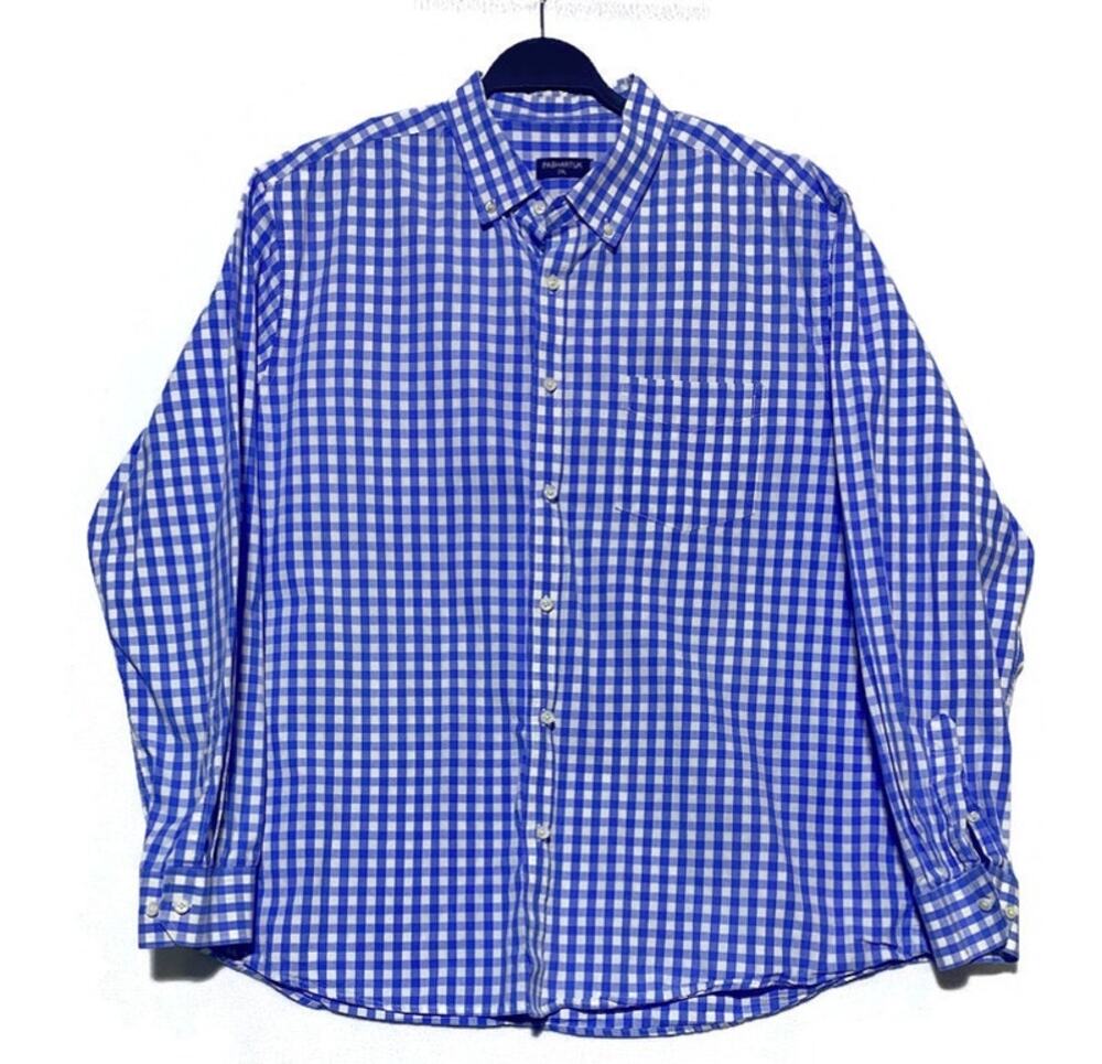 PASHARTUK Mens Button Down Shirt 2XL Blue White Plaid Long Sleeve Checkered